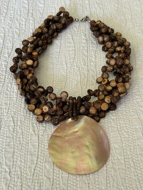 Natural Brown Multi-Strand Beaded Necklace with Shell Pendant